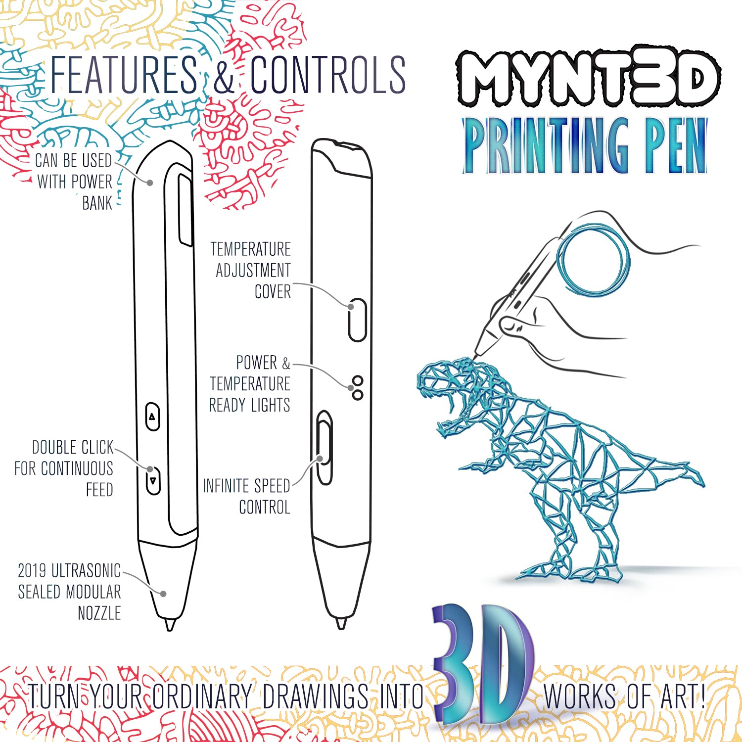 MYNT3D Paquete de bolígrafo 3D Pro + ABS de 10 colores + kit de alfombrilla  DesignPad