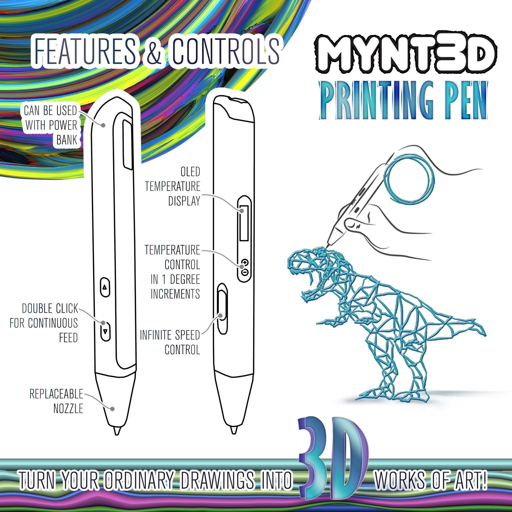 MYNT3D Super 3D Pen with 10-Color ABS Filament Refills - Create 3D Art